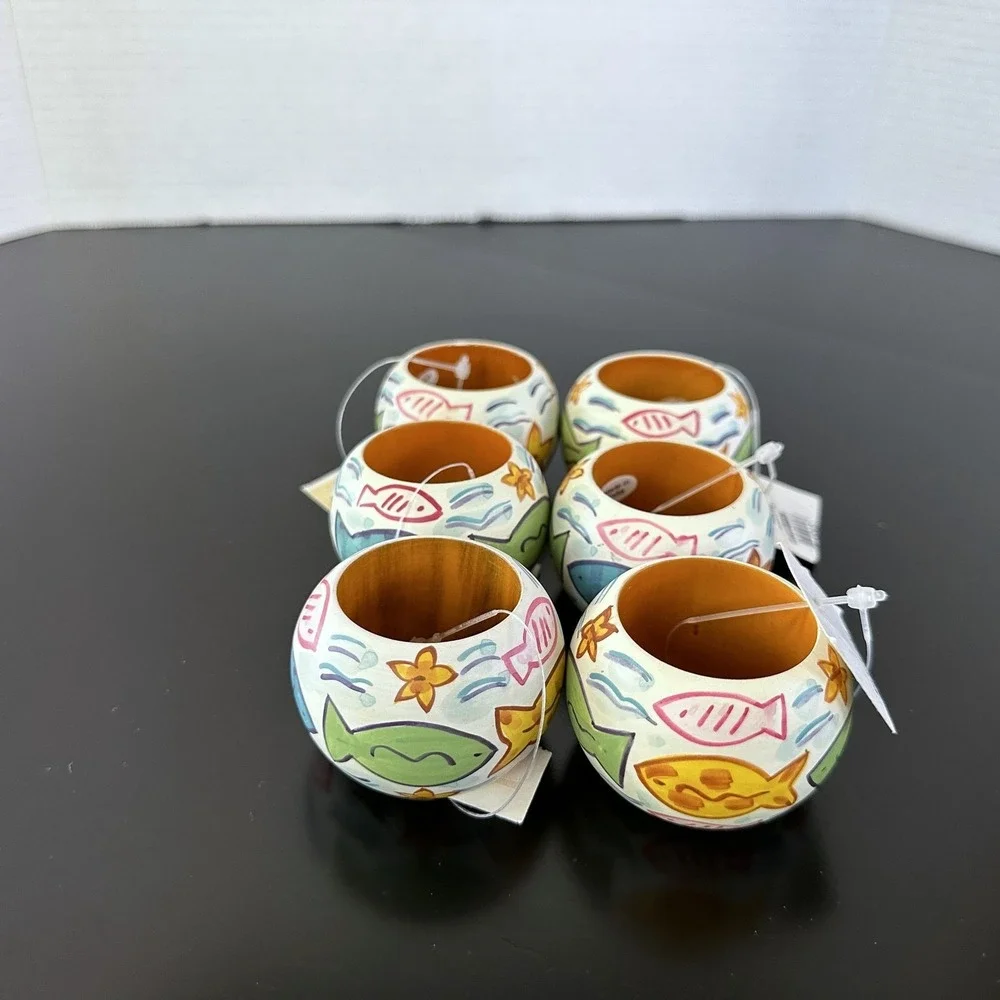 6X Dansk Napkin Rings Fish Tropical Colorful Wood or Resin Painted NEW NWT